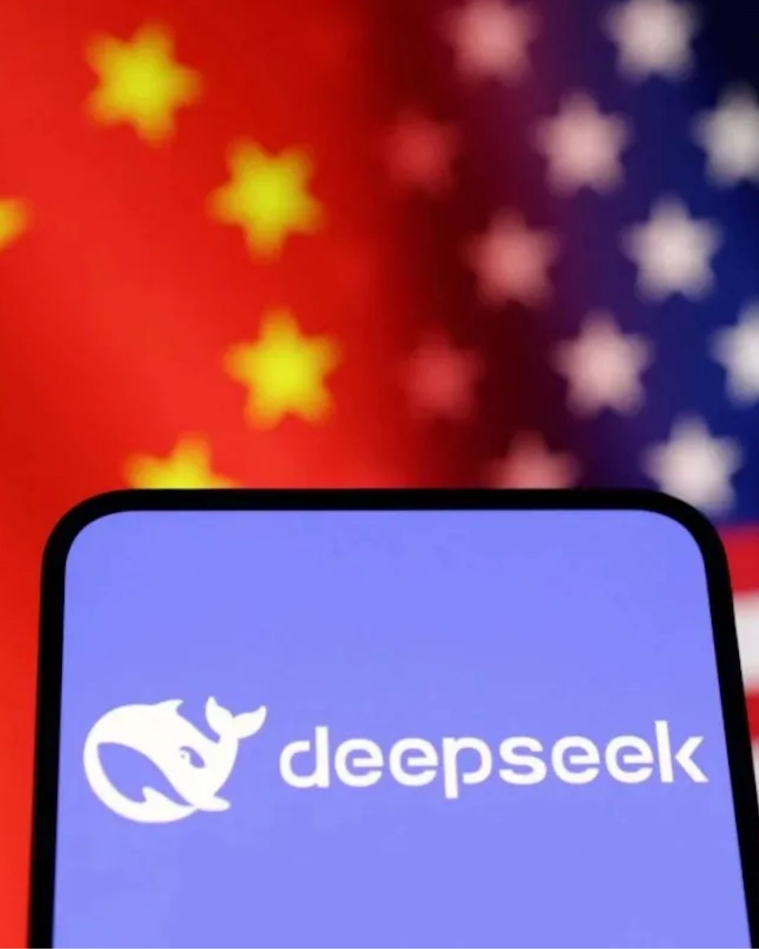Phone screen showing the DeepSeek logo against a background of the Chinese flag