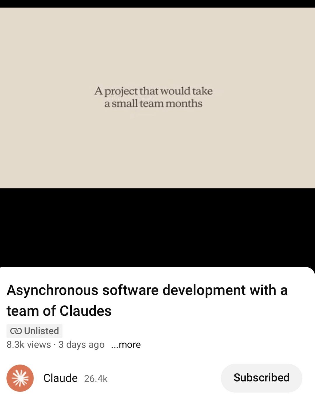 Video showing the project title 'Asynchronous software development with a team of Claudes'